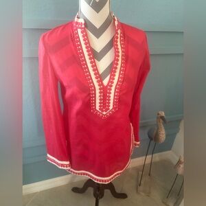 Tory Burch Womens Red With White Knitted Border Tunic Blouse Top Size 4